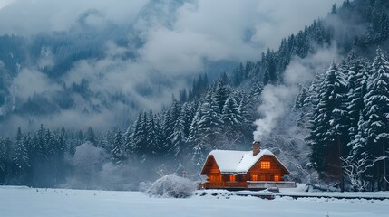 Wall Mural - Cozy Mountain Cabin in Snowy Forest Retreat with Scenic Landscape View