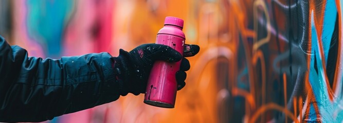 Wall Mural - A young graffiti artist holds a can of paint against a background of colorful graffiti drawings. Street art and vandalism concept.