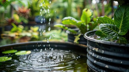 A close-up shot of a rainwater harvesting system in a garden, showing water being collected into a barrel from a rooftop gutter, with plants thriving around it