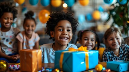 Joyful Birthday with Kids Opening Presents and Sharing Laughter