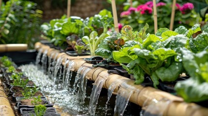 Wall Mural - A close-up shot of a vegetable garden with a handmade bamboo irrigation system, delivering water to various sections of the garden, blending functionality with natural beauty