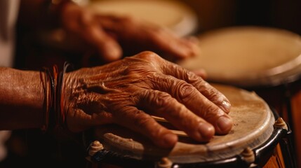 close up of a hands of a percussionist while playing wooden bongos. percussion instrument