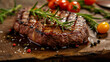 © Dmytro - Fresh juicy delicious beef steak on a dark background. AI Generated
