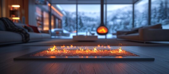 Wall Mural - Fireplace in a Modern Living Room with a Snowy View