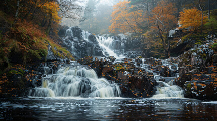 Wall Mural - A waterfall is flowing into a river with leaves falling from the trees