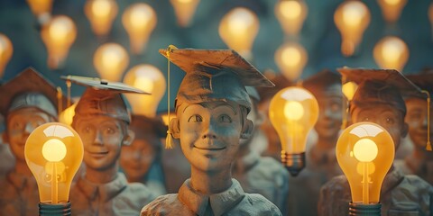 Wall Mural - 3d rendering of happy human sculpture group wearing graduation caps and light bulbs. concept 3d rend