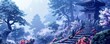 © Sara_P - Traditional Japanese temple anime style on a misty mountain with stone steps leading up through a forest of ancient trees and blooming flowers