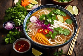 Wall Mural - steaming bowl pho fresh herbs, cuisine, delicious, vietnamese, soup, meal, traditional, hot, aromatic, asian, noodles, ingredients, cooking, culinary