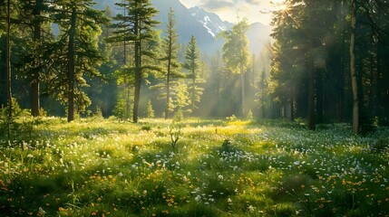 Wall Mural - Serene Forest Glade at the Base of a Mountain with Sunlight Streaming through the Trees and Wildflowers Carpet