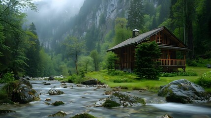 Wall Mural - Cozy Mountain Cabin Nestled by a Babbling Brook in the Lush Forest Landscape