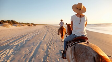 Sticker - A person rides a horse along a sandy beach during sunset, capturing a serene and tranquil moment with a warm glow from the setting sun reflecting on the water.