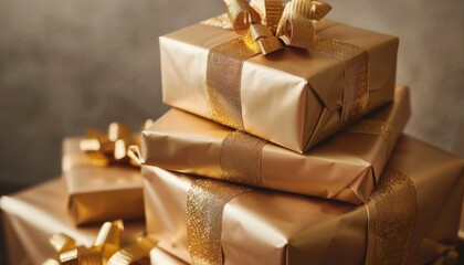 Stack of Gold Gift Boxes With Shiny Ribbon and Bows