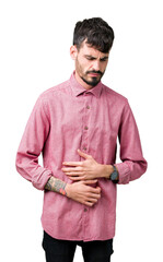 Poster - Young handsome man wearing pink shirt over isolated background with hand on stomach because nausea, painful disease feeling unwell. Ache concept.