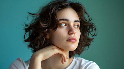 Wall Mural - Charming lady with bob brown hair, thoughtful pose, hand on chin, cyan background