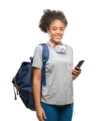 Sticker - Young beautiful afro american student woman holding backpack over isolated background with a happy face standing and smiling with a confident smile showing teeth