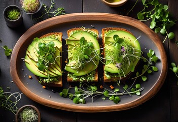 Canvas Print - delicious gourmet avocado toast topped fresh microgreens, healthy, breakfast, meal, brunch, appetizing, organic, ripe, tasty, nutritious, colorful, vibrant