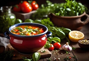 Wall Mural - steaming minestrone soup rustic bowl traditional italian cuisine lovers, food, hot, delicious, vegetable, hearty, authentic, homemade, organic, appetizing