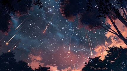 A breathtaking view of a starry night sky with shooting stars, perfect for dreamy and imaginative designs. 