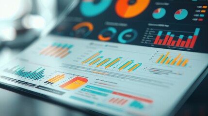 Close-up of digital analytics dashboard displaying colorful charts and graphs for data analysis and business reporting.