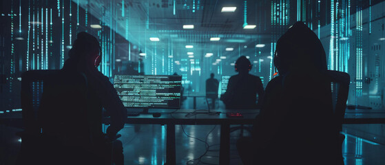 Wall Mural - in a futuristic data center, shadows of intense programmers in hoodies work at their stations, surro