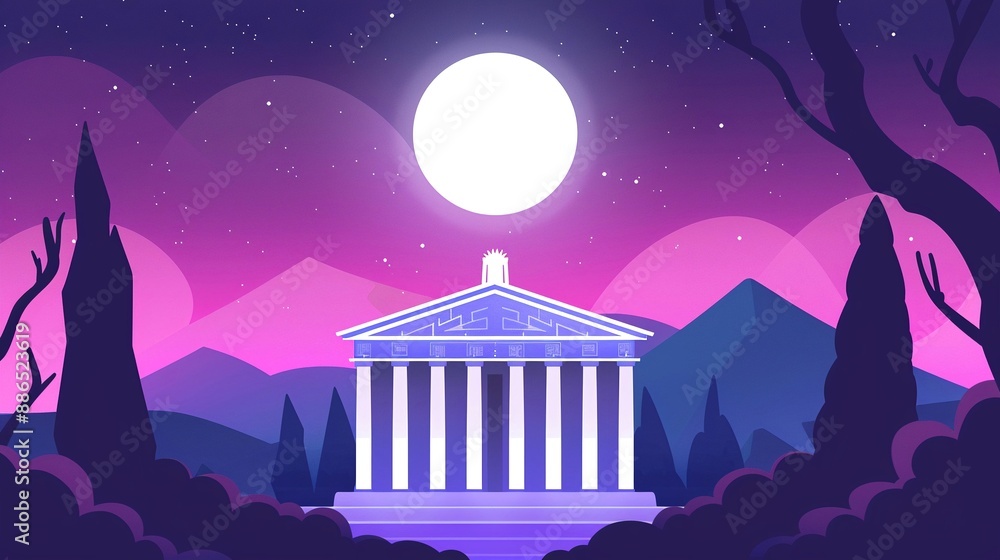 Ancient ruins glowing under a full moon, with cryptic symbols and a ...