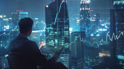 Poster - A financial analyst studying a line graph on a tablet, with city skyscrapers in the background.