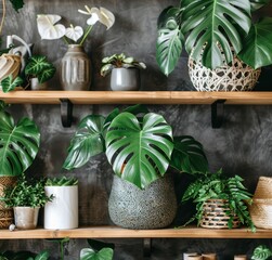 Plants in living room with decorations on the table. Stylish composition of home garden industrial interior. Urban jungle interior with houseplants.