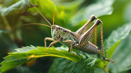 Wall Mural - A grasshopper sitting on a green leaf, ready to jump.