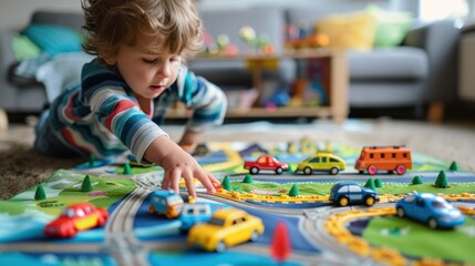 a Child playing with toy cars and trains on a play mat with minimalist background