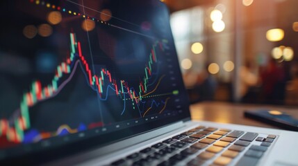 Aufkleber - A laptop screen showing a detailed stock market graph with colorful indicators and lines.