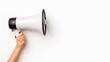 © CALMANDRELAX STUDIO - Hand holding a megaphone on a white background, symbolizing communication, announcement, or marketing. Space for text on the right side.