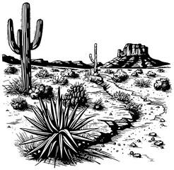 Desert landscape with cactus and mountains