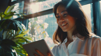 Sticker - A woman enjoying sunlight while using a tablet, standing by large windows in a cozy, plant-filled space, symbolizing modern relaxation and connectivity.