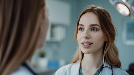 Poster - A young woman with blue eyes and red hair wearing a white coat engaged in a conversation in a medical setting.