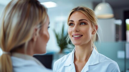 Poster - A woman in a white shirt smiling at another woman with blonde hair.