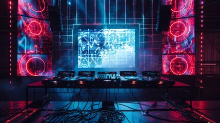 Poster - A DJ booth with multiple turntables is illuminated by vibrant blue and red lights.