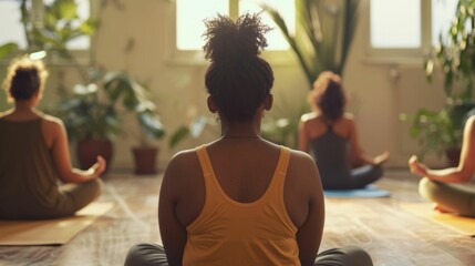 Wall Mural - A group of three individuals engaged in a yoga or meditation session sitting cross-legged on the floor with a focus on mindfulness and relaxation in a well-lit room with natural light