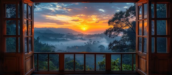 Wall Mural - Sunrise View Through Open Wooden Doors