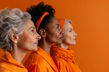 Side view portrait of middle-aged women, elderly beautiful ladies of different nationalities, cultures on orange background. Mature women models with different skin and hair colors. Beauty concept