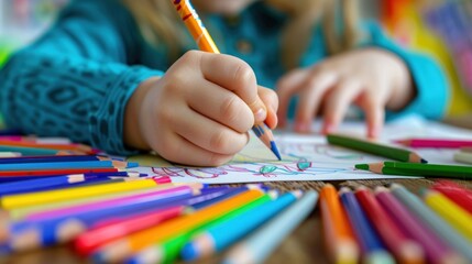 Child drawing with crayons at a classroom table