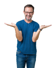 Sticker - Handsome middle age hoary senior man wearin glasses over isolated background Smiling showing both hands open palms, presenting and advertising comparison and balance