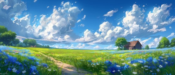 painting style illustration beautiful landscape, sunny day in rural countryside summer season with flower grass field blossoming with mountain background