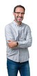 © Krakenimages.com - Handsome middle age elegant senior man wearing glasses over isolated background happy face smiling with crossed arms looking at the camera. Positive person.