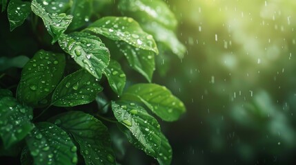 Wall Mural - Rain Drops on Green Leaves.