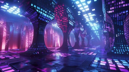 Poster - A futuristic city corridor with neon-lit structures, glowing squares on the walls and floor, and a hazy, otherworldly atmosphere.