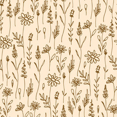 Wall Mural - Wild dry herbs, meadow flowers on a light background. Simple floral vector seamless pattern. For fabric prints, textiles, packaging.