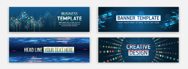 Sticker - Modern banner design with technology element. Data protection, internet communication, science, big data, cover design set. Sci-fi vector sample concept. High-tech horizontal banner template.