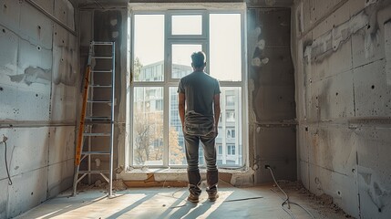 Aufkleber - A professional designer is calibrating some windows in an unfinished house. There are visible signs of construction on the concrete walls around him. Generative AI.