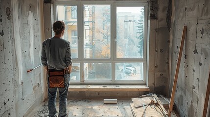 Aufkleber - A professional designer is calibrating some windows in an unfinished house. There are visible signs of construction on the concrete walls around him. Generative AI.