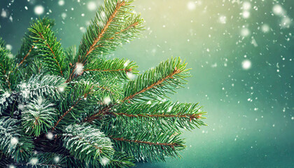 Wall Mural - Beautiful green fir tree branches close up. Christmas and winter concept